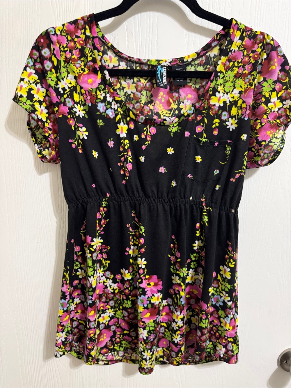 Vibrant Multicolor Floral Girls XL Weavers Blouse Short Sleeve Gathered Waist